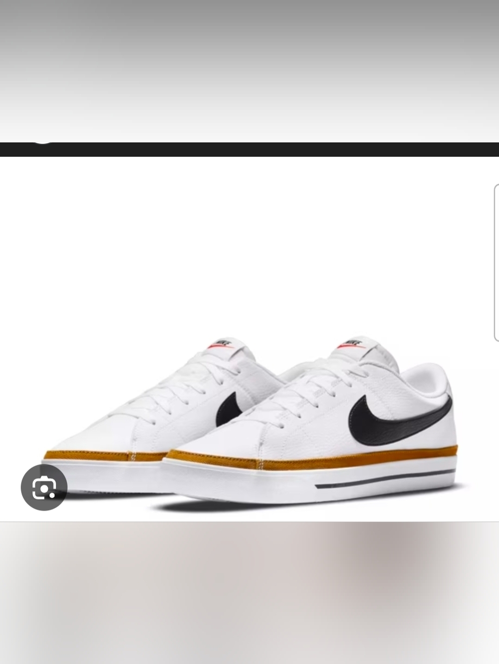 Nike White Low-Top Sneakers with Black Swoosh and Gold Trim